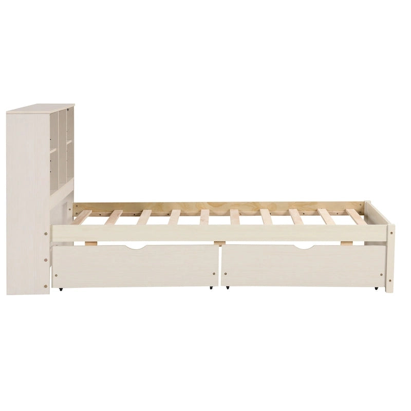 Cama individual, nogal/gris/blanco lavado, cabecero de estantería con USB, 2 cajones, 1 persona