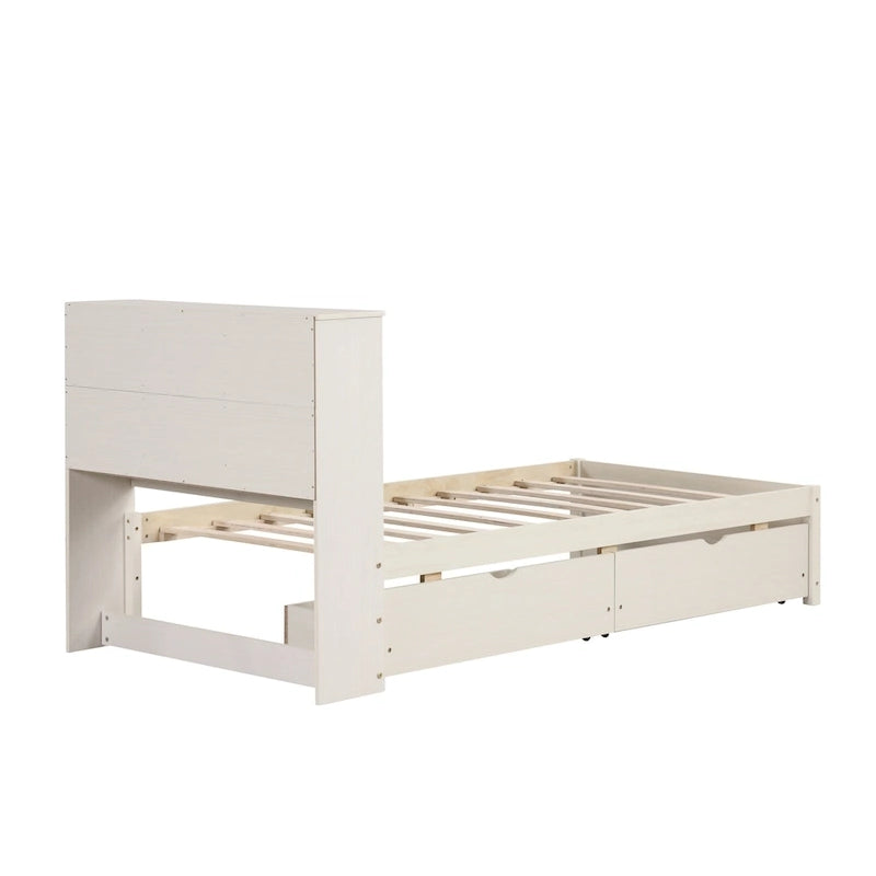 Cama individual, nogal/gris/blanco lavado, cabecero de estantería con USB, 2 cajones, 1 persona