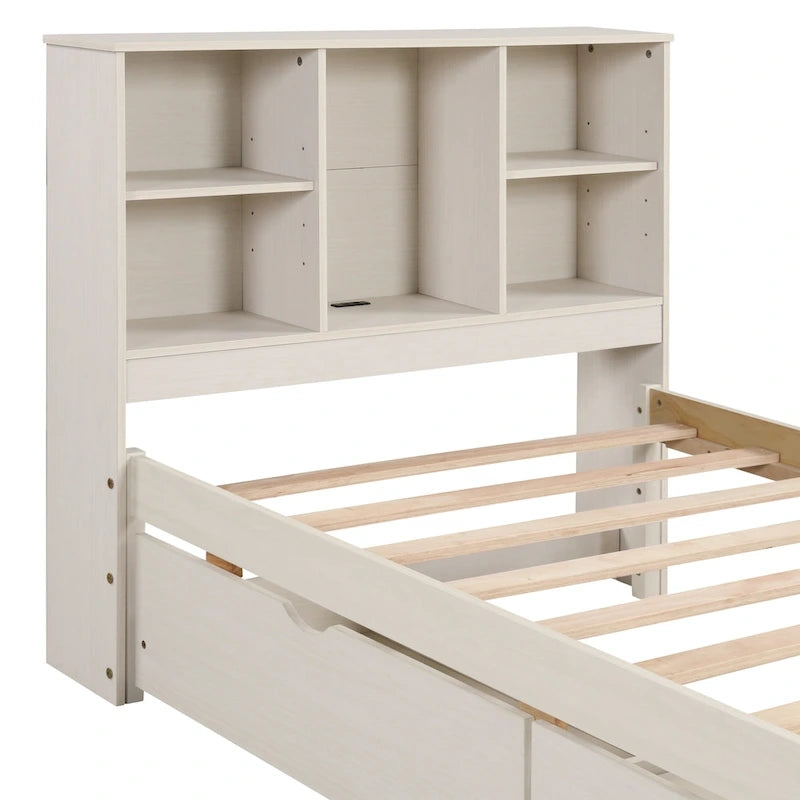 Cama individual, nogal/gris/blanco lavado, cabecero de estantería con USB, 2 cajones, 1 persona