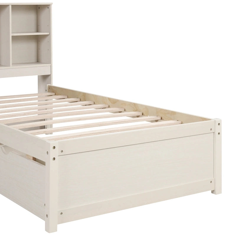 Cama individual, nogal/gris/blanco lavado, cabecero de estantería con USB, 2 cajones, 1 persona