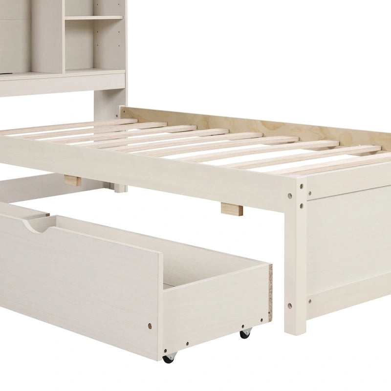 Cama individual, nogal/gris/blanco lavado, cabecero de estantería con USB, 2 cajones, 1 persona
