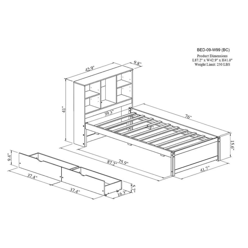 Cama individual, nogal/gris/blanco lavado, cabecero de estantería con USB, 2 cajones, 1 persona