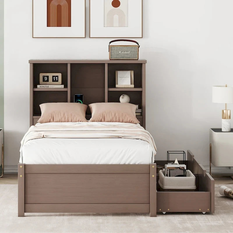 Cama individual, nogal/gris/blanco lavado, cabecero de estantería con USB, 2 cajones, 1 persona