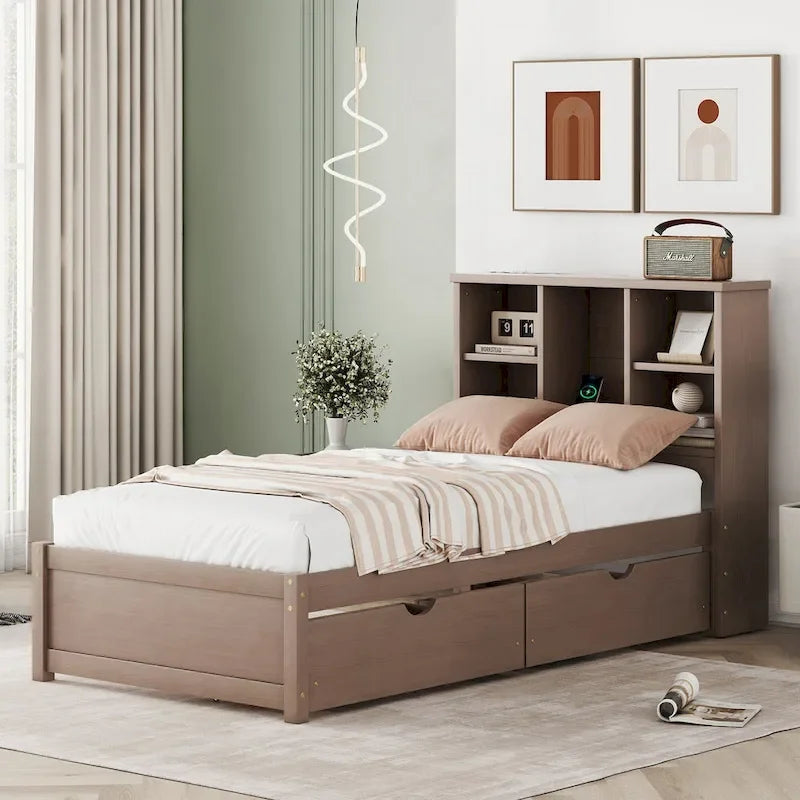 Cama individual, nogal/gris/blanco lavado, cabecero de estantería con USB, 2 cajones, 1 persona