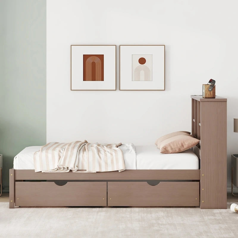 Cama individual, nogal/gris/blanco lavado, cabecero de estantería con USB, 2 cajones, 1 persona