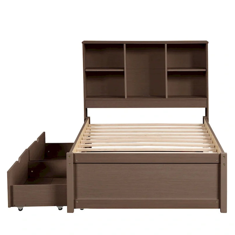 Cama individual, nogal/gris/blanco lavado, cabecero de estantería con USB, 2 cajones, 1 persona