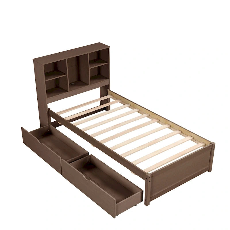 Cama individual, nogal/gris/blanco lavado, cabecero de estantería con USB, 2 cajones, 1 persona