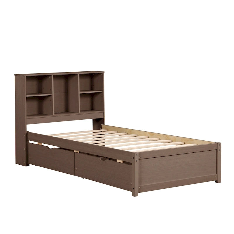 Cama individual, nogal/gris/blanco lavado, cabecero de estantería con USB, 2 cajones, 1 persona