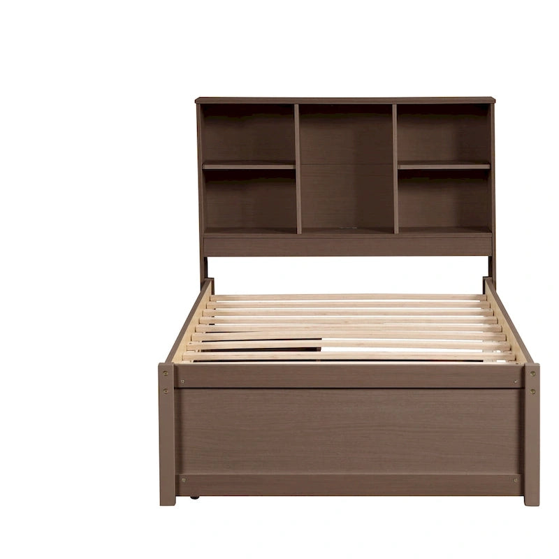 Cama individual, nogal/gris/blanco lavado, cabecero de estantería con USB, 2 cajones, 1 persona