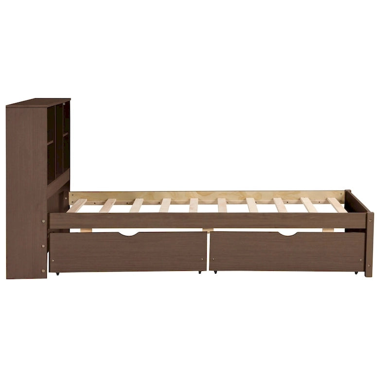 Cama individual, nogal/gris/blanco lavado, cabecero de estantería con USB, 2 cajones, 1 persona