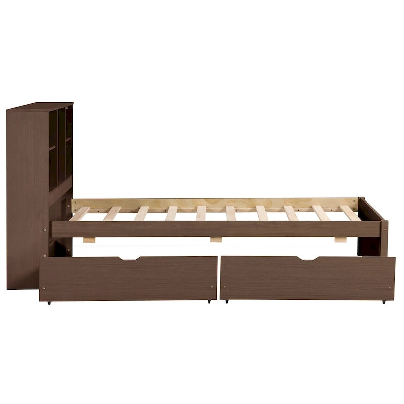Cama individual, nogal/gris/blanco lavado, cabecero de estantería con USB, 2 cajones, 1 persona