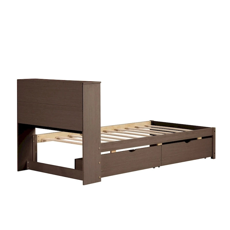 Cama individual, nogal/gris/blanco lavado, cabecero de estantería con USB, 2 cajones, 1 persona