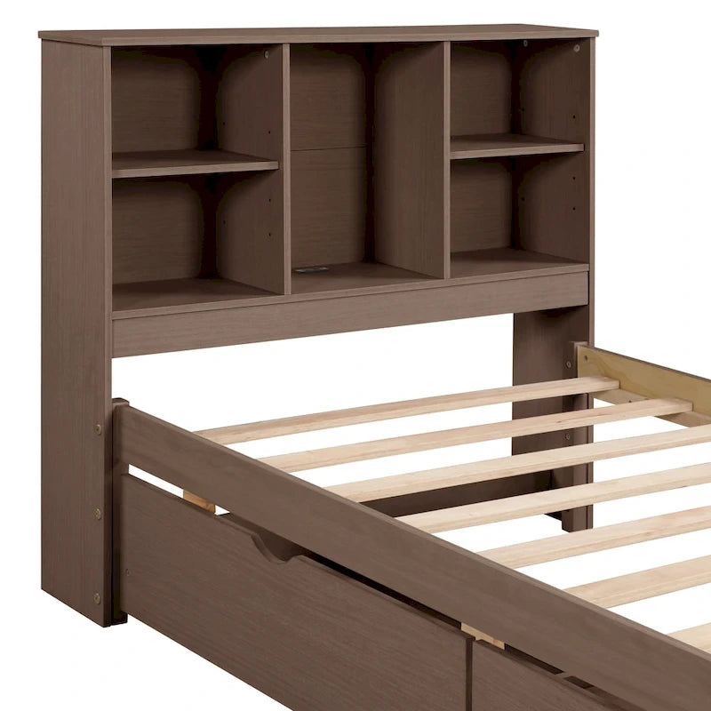 Cama individual, nogal/gris/blanco lavado, cabecero de estantería con USB, 2 cajones, 1 persona