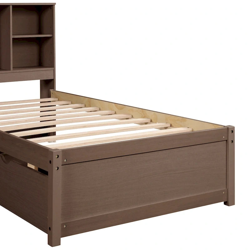 Cama individual, nogal/gris/blanco lavado, cabecero de estantería con USB, 2 cajones, 1 persona