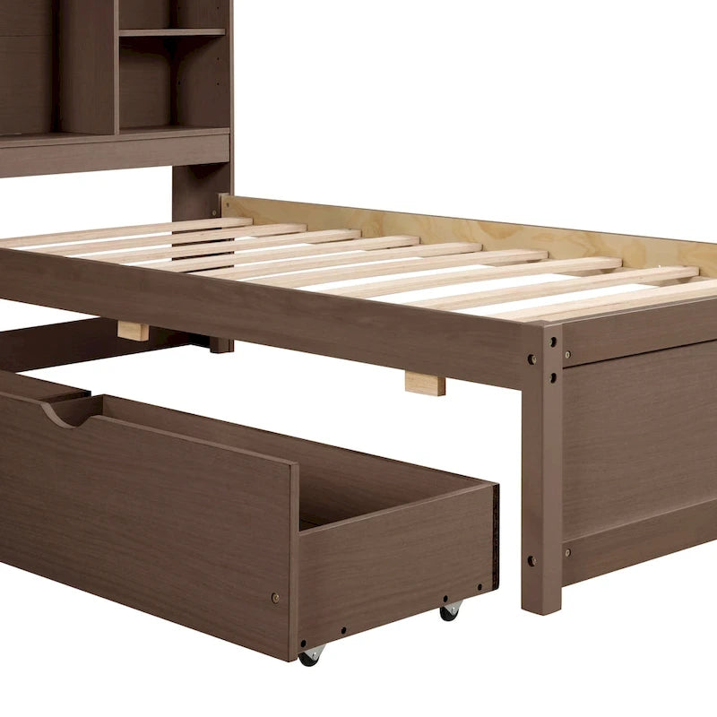 Cama individual, nogal/gris/blanco lavado, cabecero de estantería con USB, 2 cajones, 1 persona