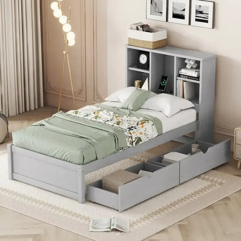 Cama individual, nogal/gris/blanco lavado, cabecero de estantería con USB, 2 cajones, 1 persona