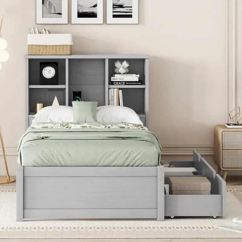 Cama individual, nogal/gris/blanco lavado, cabecero de estantería con USB, 2 cajones, 1 persona