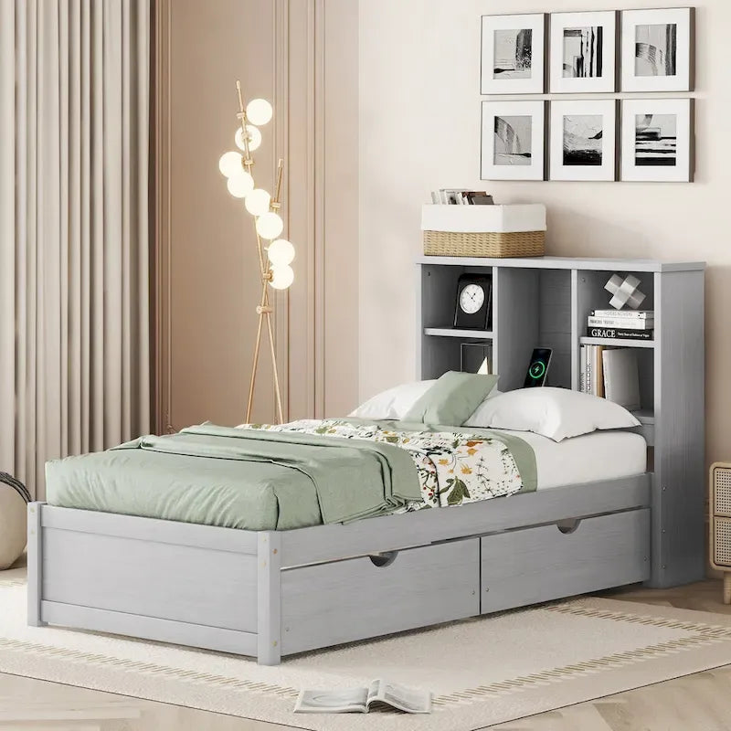 Cama individual, nogal/gris/blanco lavado, cabecero de estantería con USB, 2 cajones, 1 persona