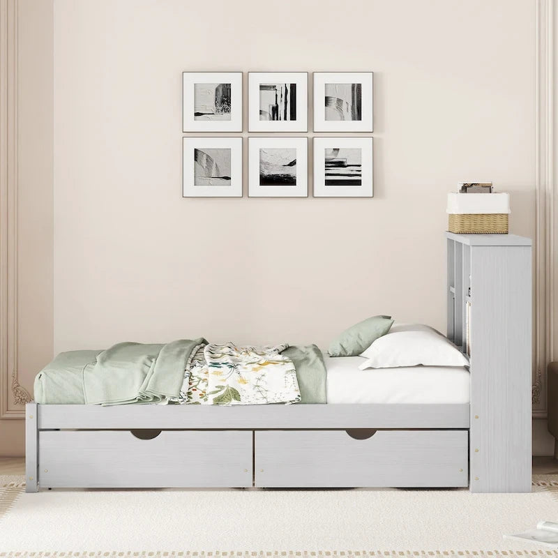 Cama individual, nogal/gris/blanco lavado, cabecero de estantería con USB, 2 cajones, 1 persona