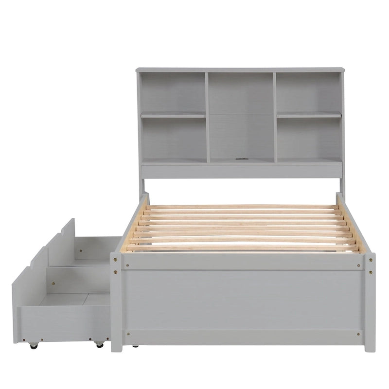 Cama individual, nogal/gris/blanco lavado, cabecero de estantería con USB, 2 cajones, 1 persona