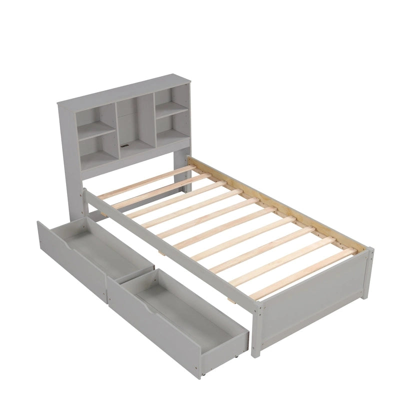 Cama individual, nogal/gris/blanco lavado, cabecero de estantería con USB, 2 cajones, 1 persona