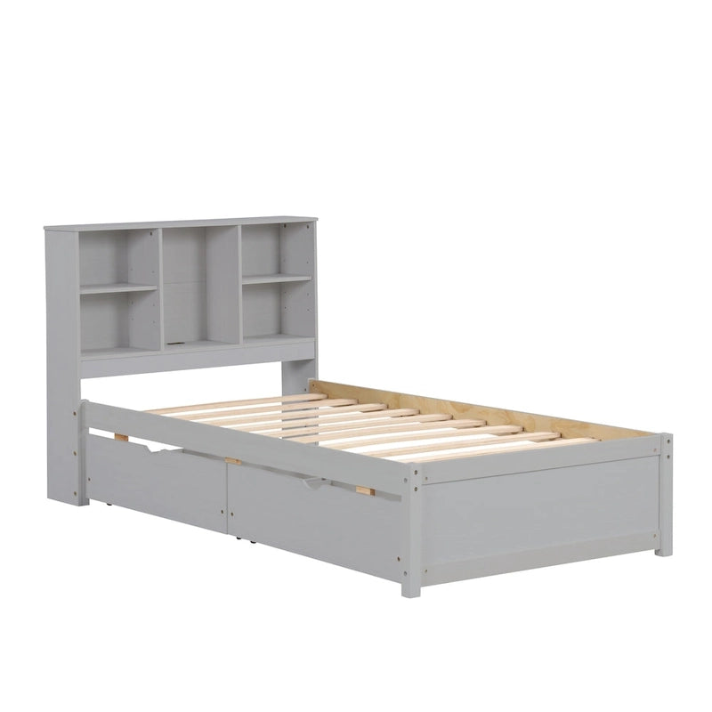 Cama individual, nogal/gris/blanco lavado, cabecero de estantería con USB, 2 cajones, 1 persona