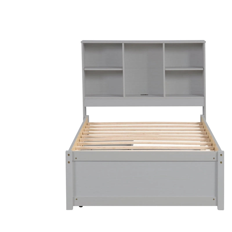 Cama individual, nogal/gris/blanco lavado, cabecero de estantería con USB, 2 cajones, 1 persona