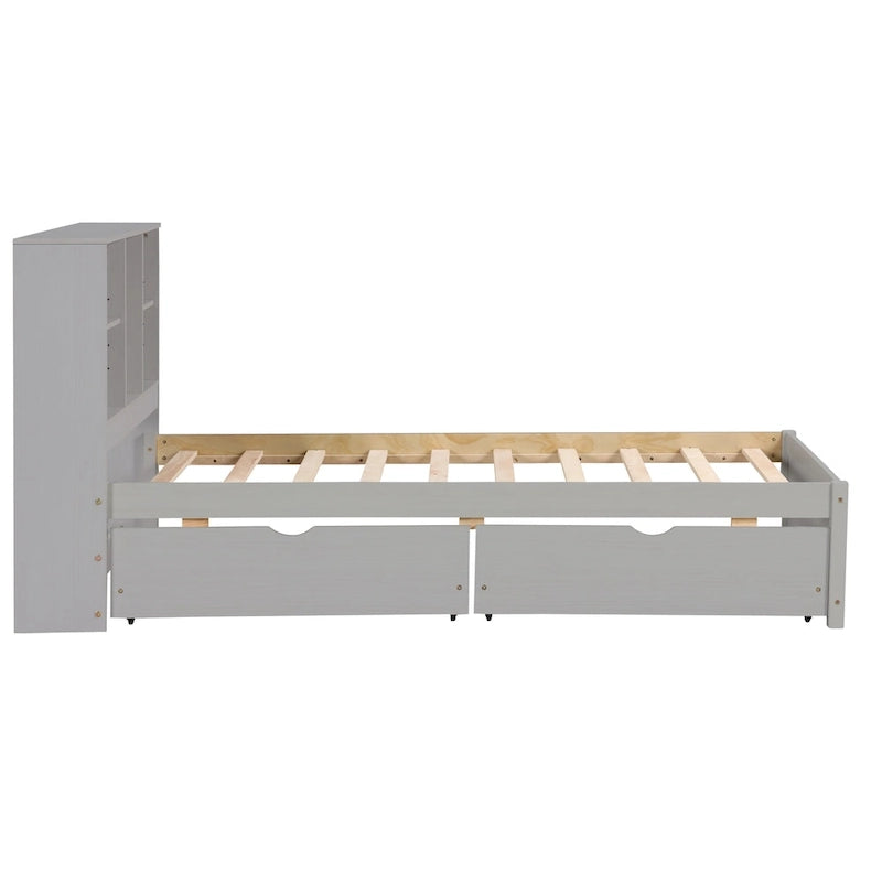 Cama individual, nogal/gris/blanco lavado, cabecero de estantería con USB, 2 cajones, 1 persona