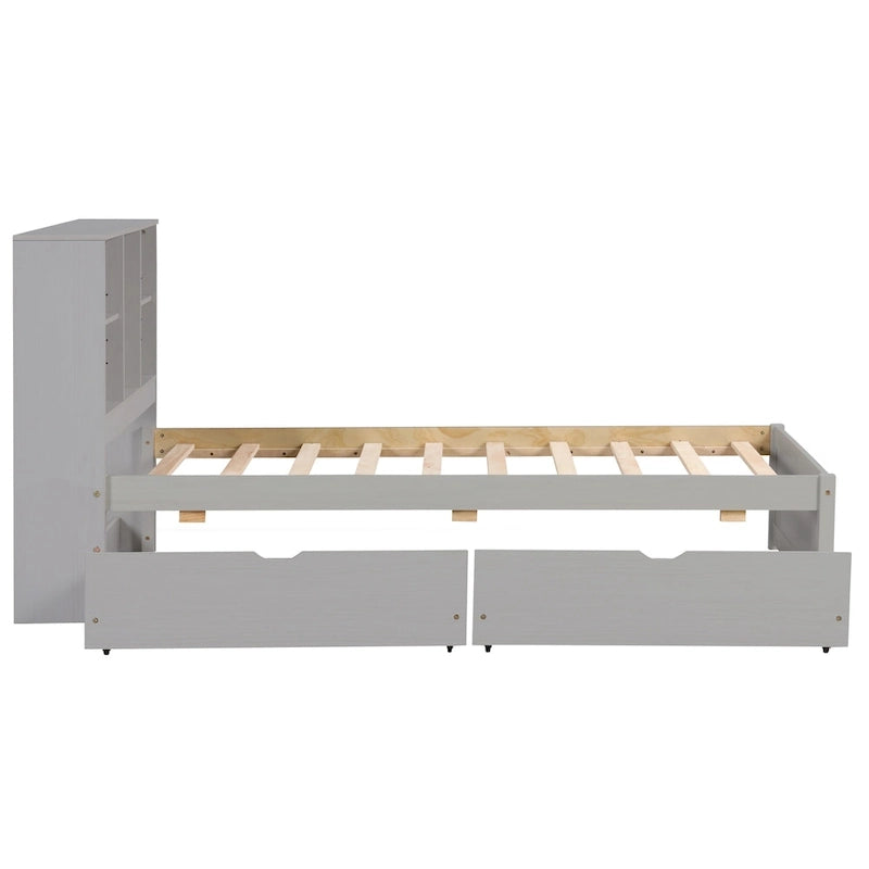 Cama individual, nogal/gris/blanco lavado, cabecero de estantería con USB, 2 cajones, 1 persona
