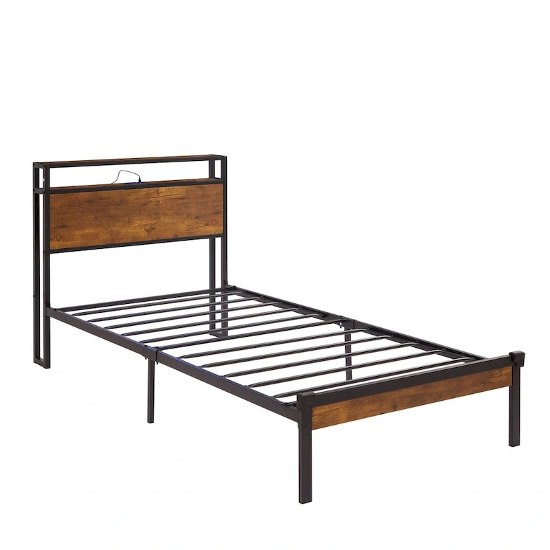 Cama de plataforma de metal negro y marrón con cabecero y piecero de madera, tamaño matrimonial, para 1 persona