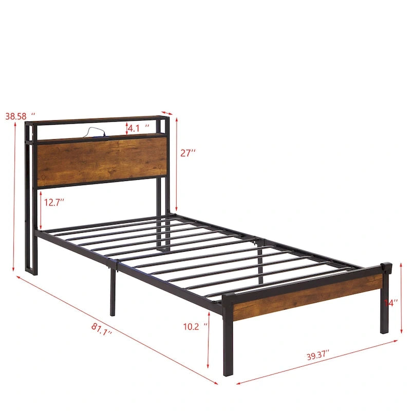 Cama de plataforma de metal negro y marrón con cabecero y piecero de madera, tamaño matrimonial, para 1 persona