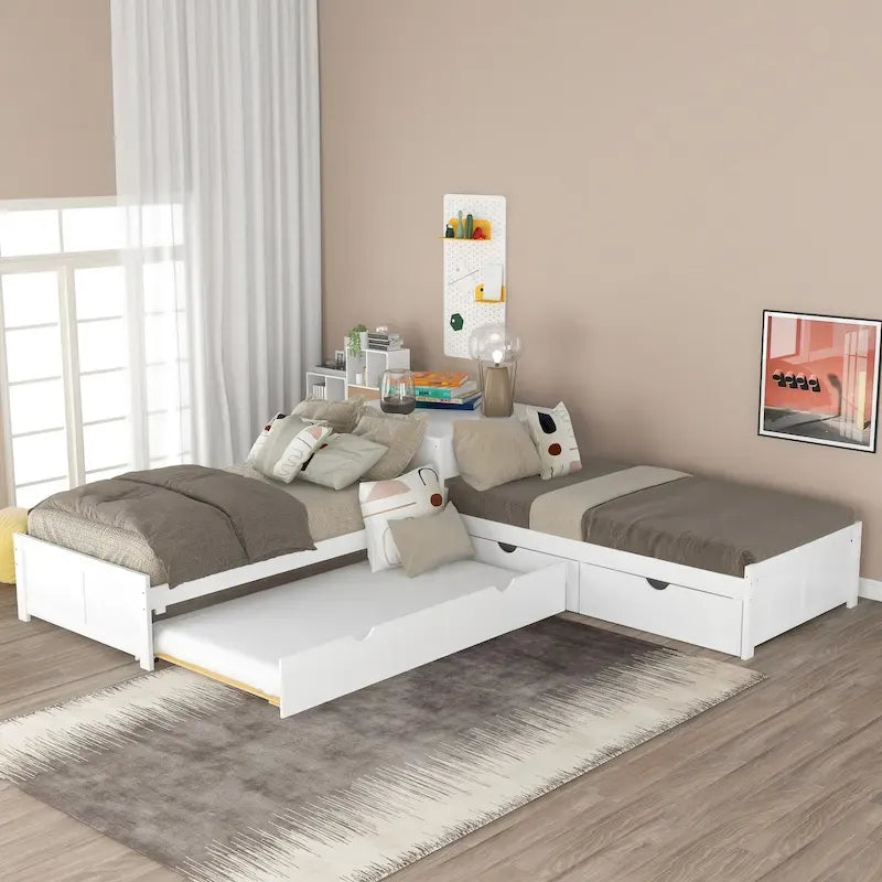 Litera doble en forma de L blanca con nido y cajones, capacidad para 3 personas