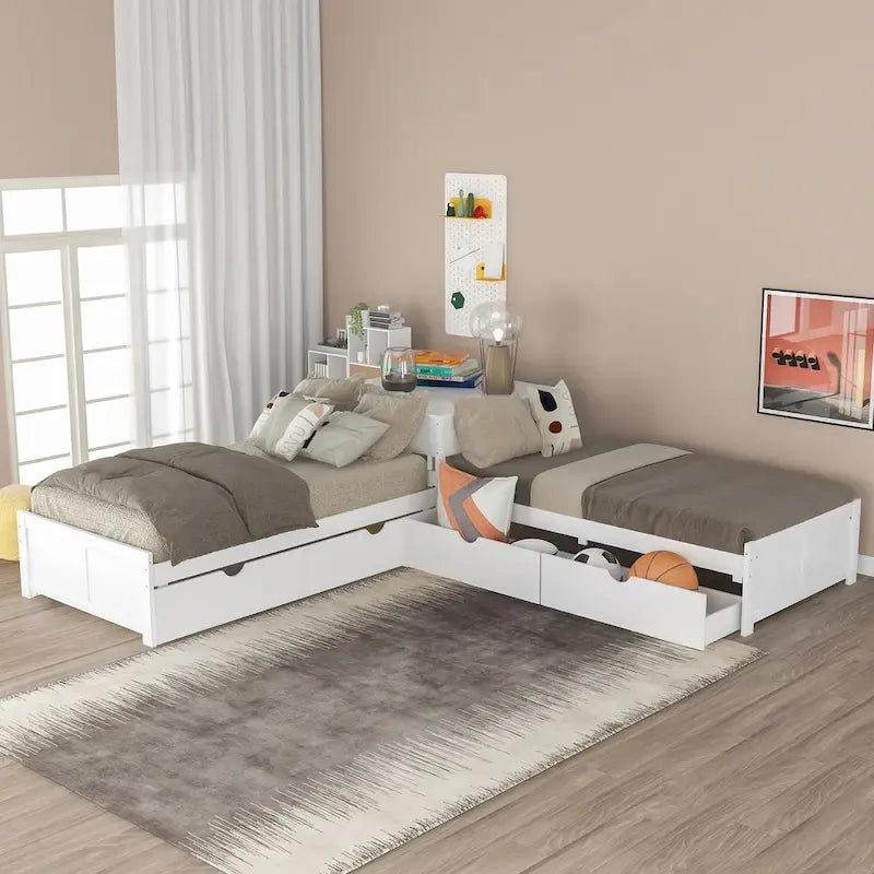 Litera doble en forma de L blanca con nido y cajones, capacidad para 3 personas
