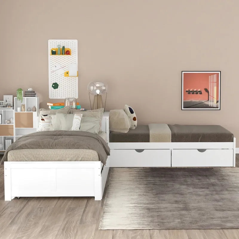 Litera doble en forma de L blanca con nido y cajones, capacidad para 3 personas
