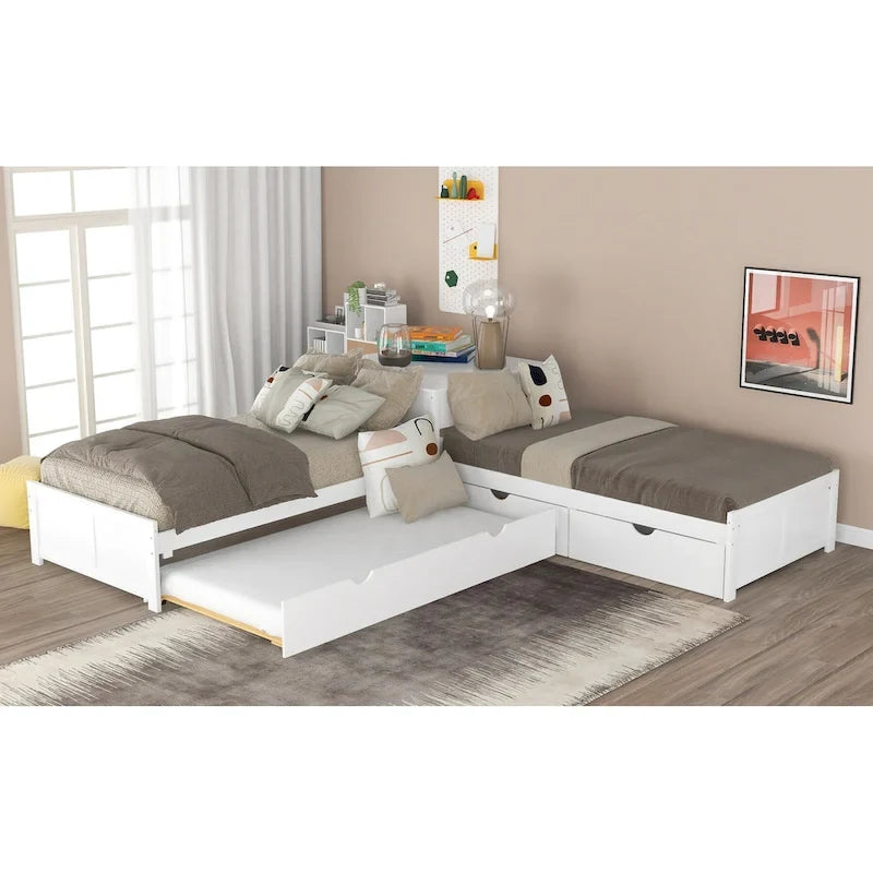 Litera doble en forma de L blanca con nido y cajones, capacidad para 3 personas