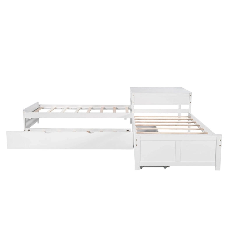 Litera doble en forma de L blanca con nido y cajones, capacidad para 3 personas