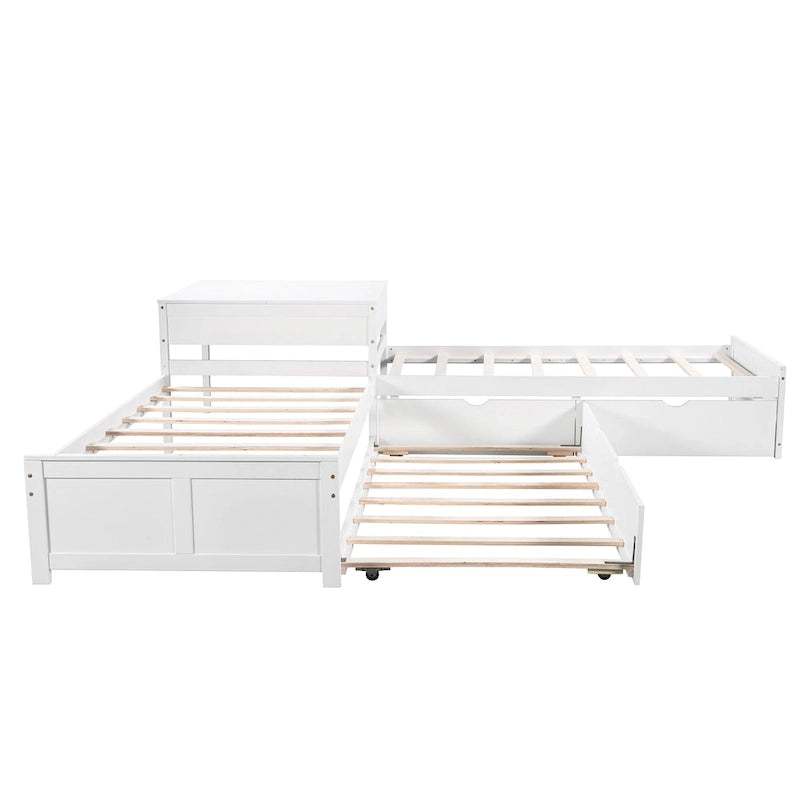 Litera doble en forma de L blanca con nido y cajones, capacidad para 3 personas