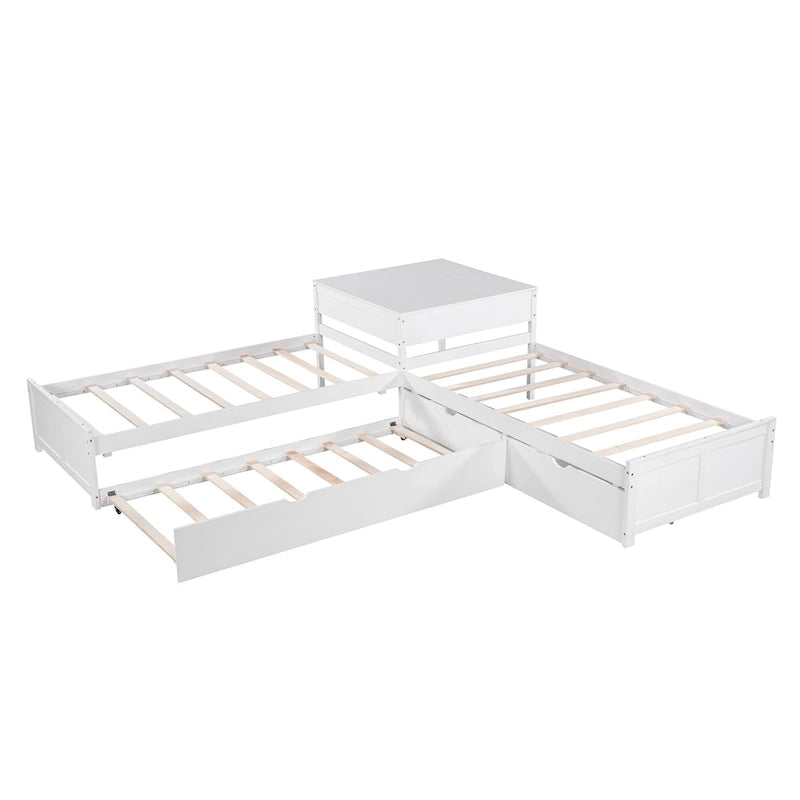 Litera doble en forma de L blanca con nido y cajones, capacidad para 3 personas