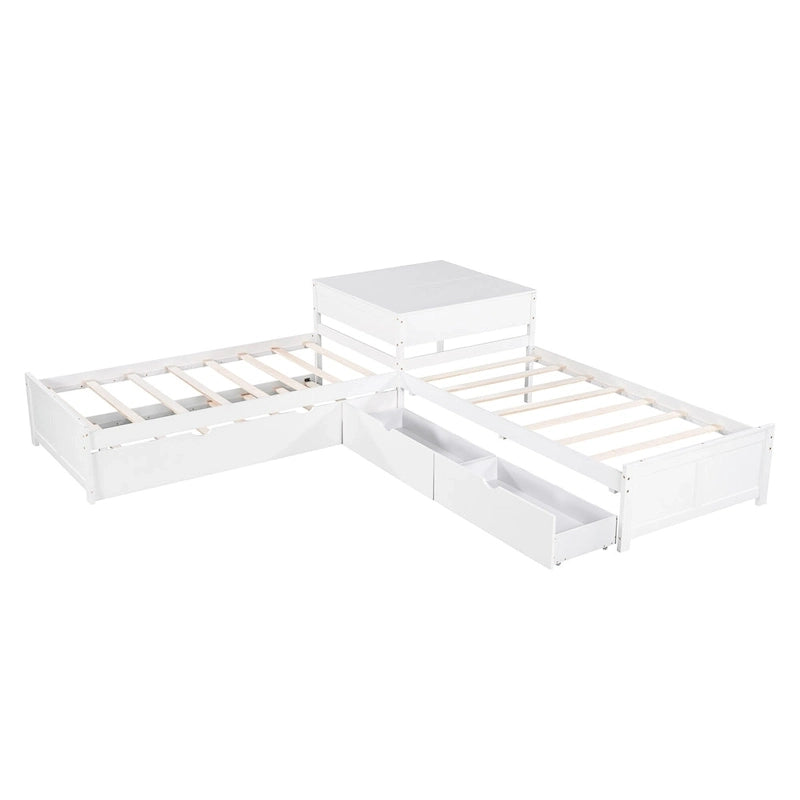 Litera doble en forma de L blanca con nido y cajones, capacidad para 3 personas