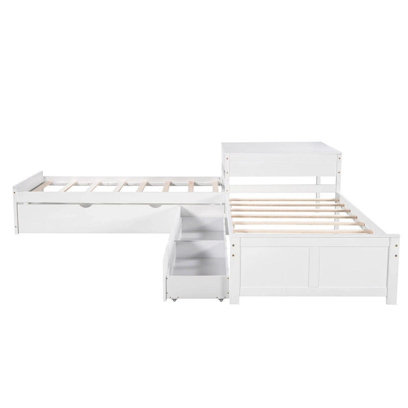 Litera doble en forma de L blanca con nido y cajones, capacidad para 3 personas