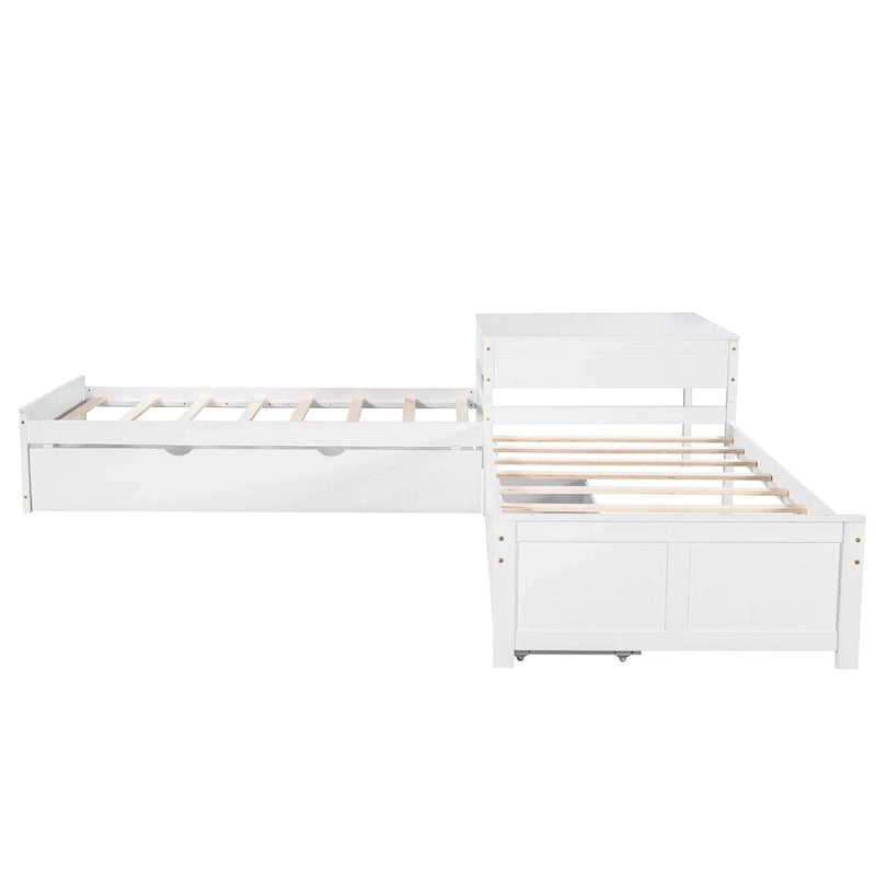 Litera doble en forma de L blanca con nido y cajones, capacidad para 3 personas