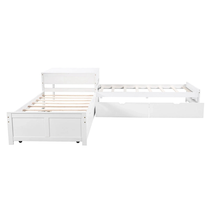 Litera doble en forma de L blanca con nido y cajones, capacidad para 3 personas