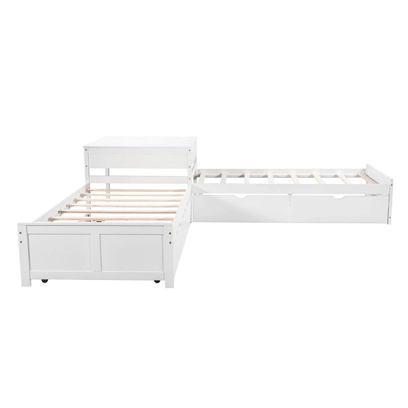 Litera doble en forma de L blanca con nido y cajones, capacidad para 3 personas