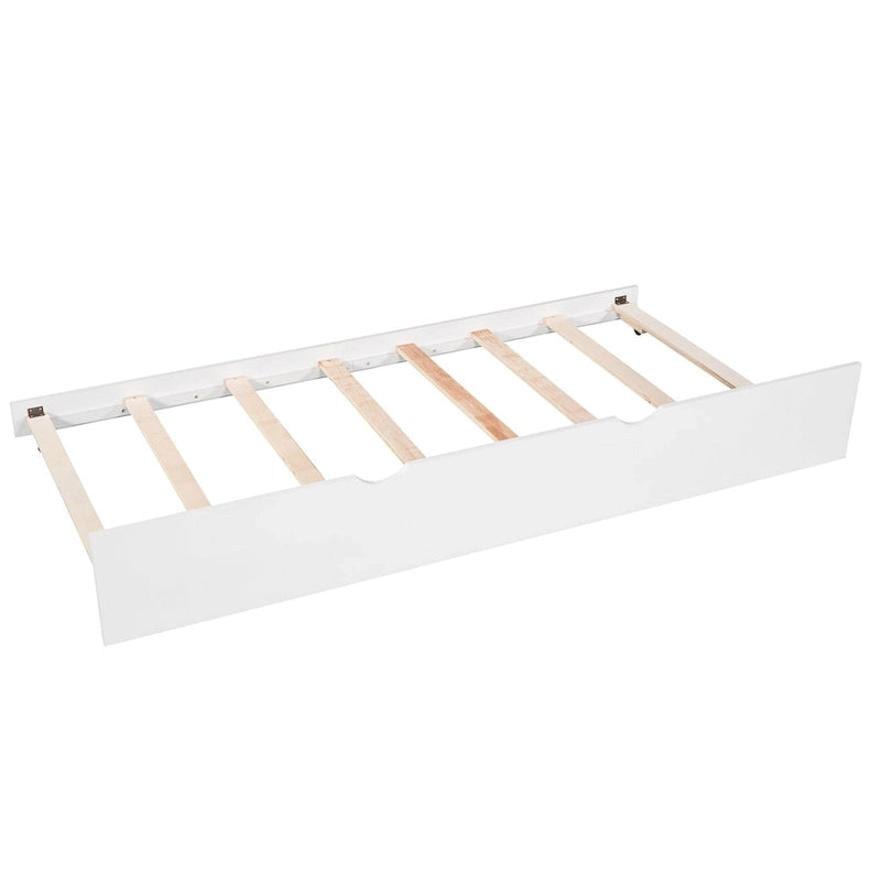 Litera doble en forma de L blanca con nido y cajones, capacidad para 3 personas