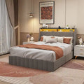 Cama de plataforma tamaño matrimonial gris claro con luces LED y cajones de almacenamiento – 1 persona