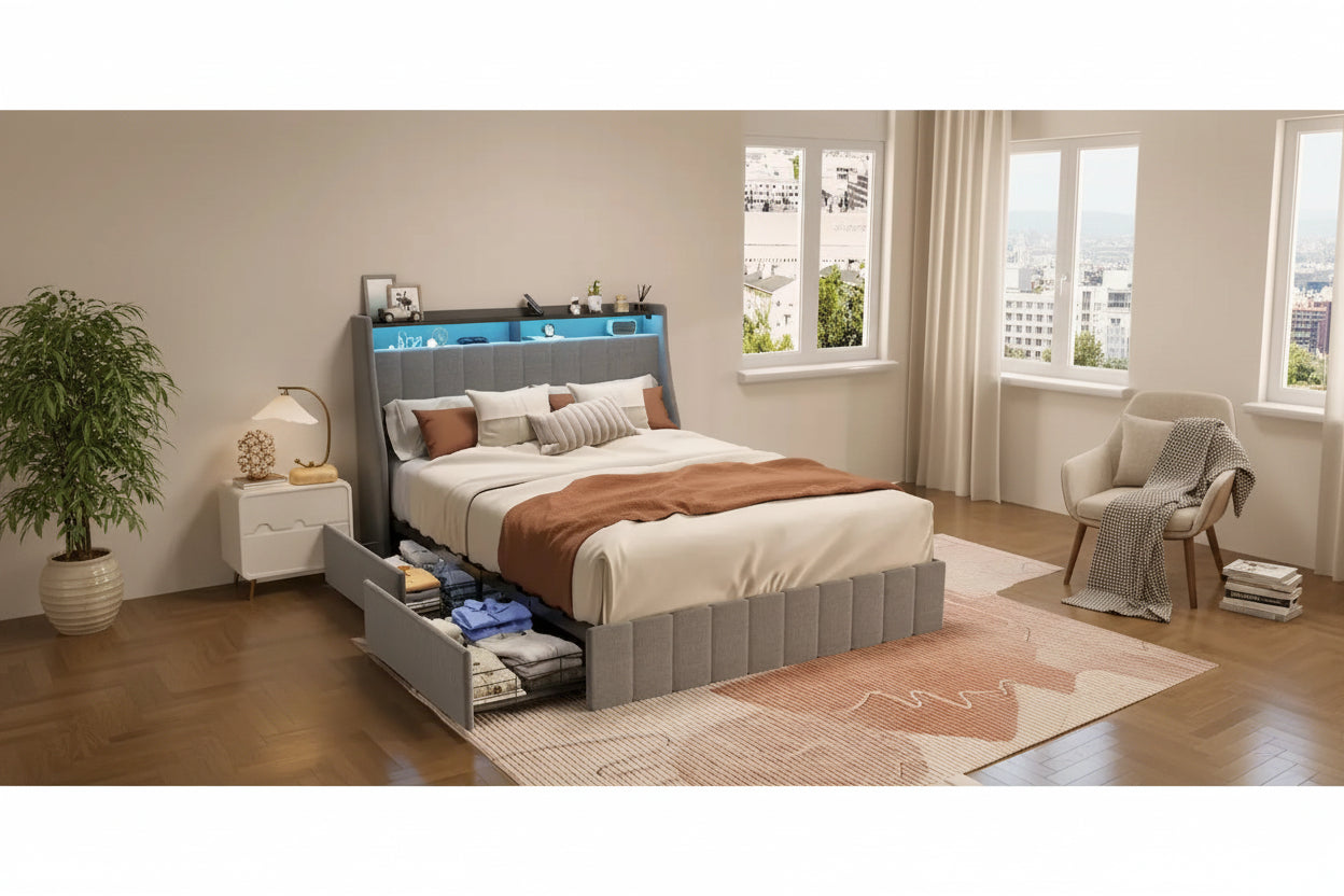 Cama de plataforma tamaño matrimonial gris claro con luces LED y cajones de almacenamiento – 1 persona
