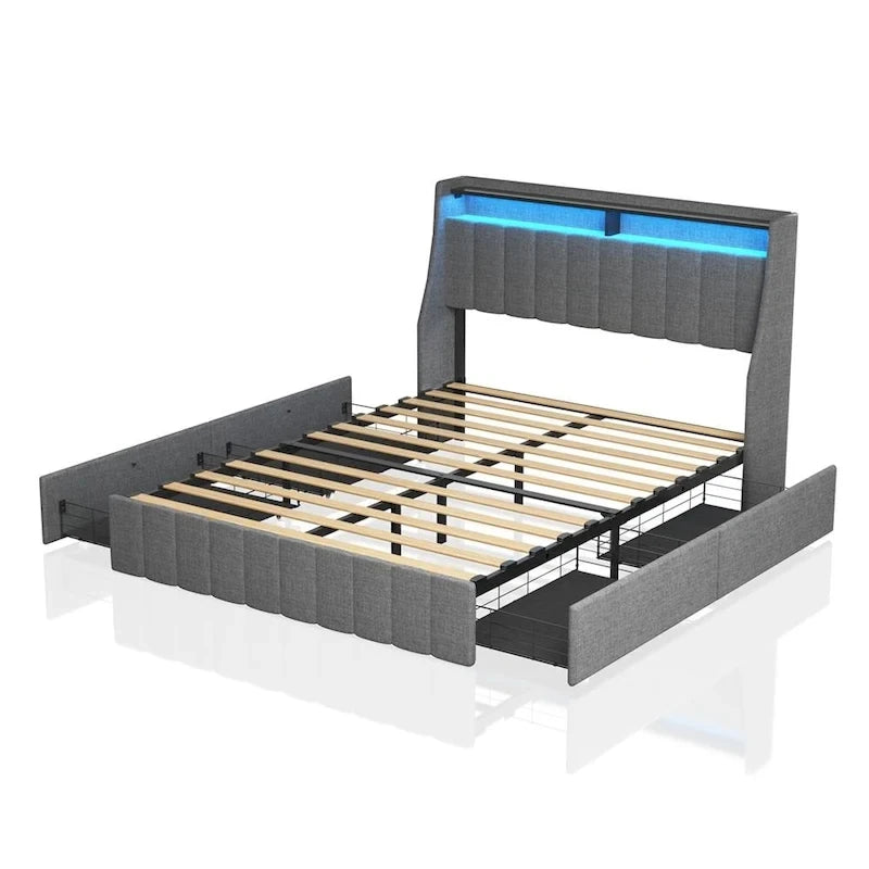 Cama de plataforma tamaño matrimonial gris claro con luces LED y cajones de almacenamiento – 1 persona