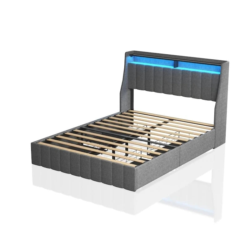 Cama de plataforma tamaño matrimonial gris claro con luces LED y cajones de almacenamiento – 1 persona