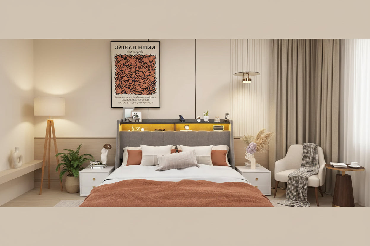 Cama de plataforma tamaño matrimonial gris claro con luces LED y cajones de almacenamiento – 1 persona