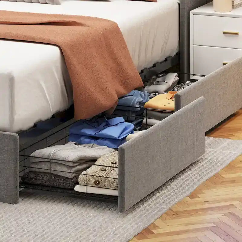 Cama de plataforma tamaño matrimonial gris claro con luces LED y cajones de almacenamiento – 1 persona
